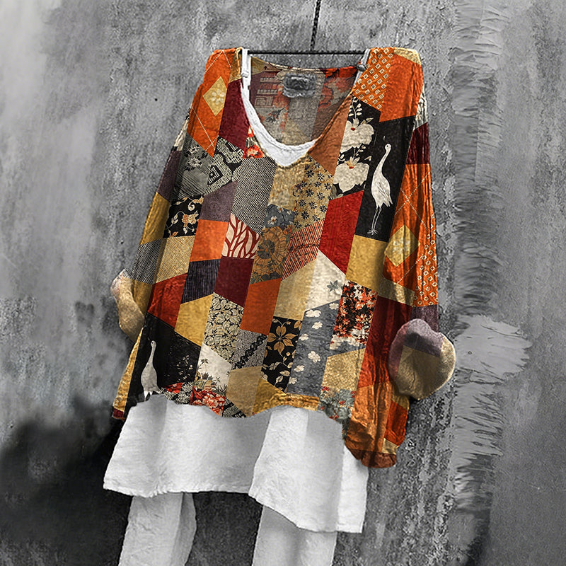 Comstylish Women's Retro Japanese Patchwork Art V-neck T-shirt