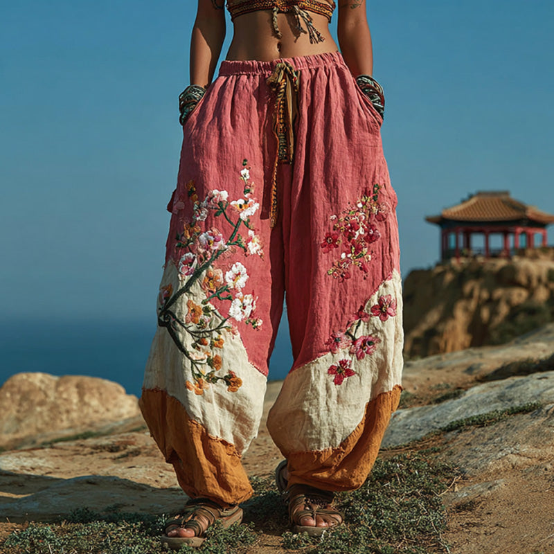 Women's Casual Retro Bohemian Embroidered Floral Print Pants elevenforest