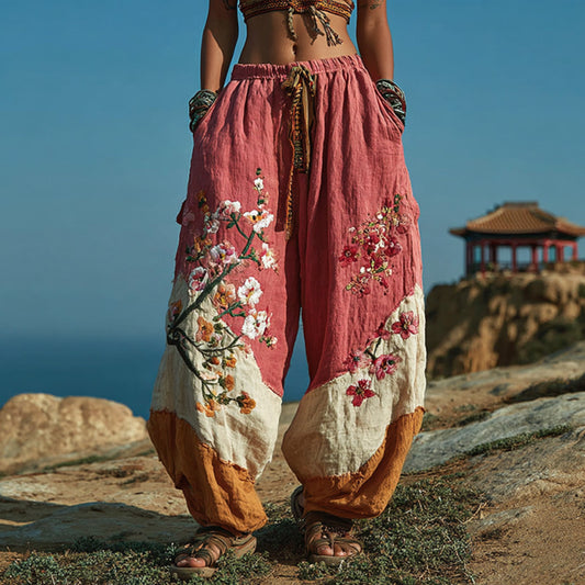 Women's Casual Retro Bohemian Embroidered Floral Print Pants elevenforest