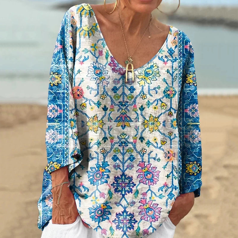 Vintage Ethnic Flower Print V-neck Loose Linen Blend T-shirt elevenforest