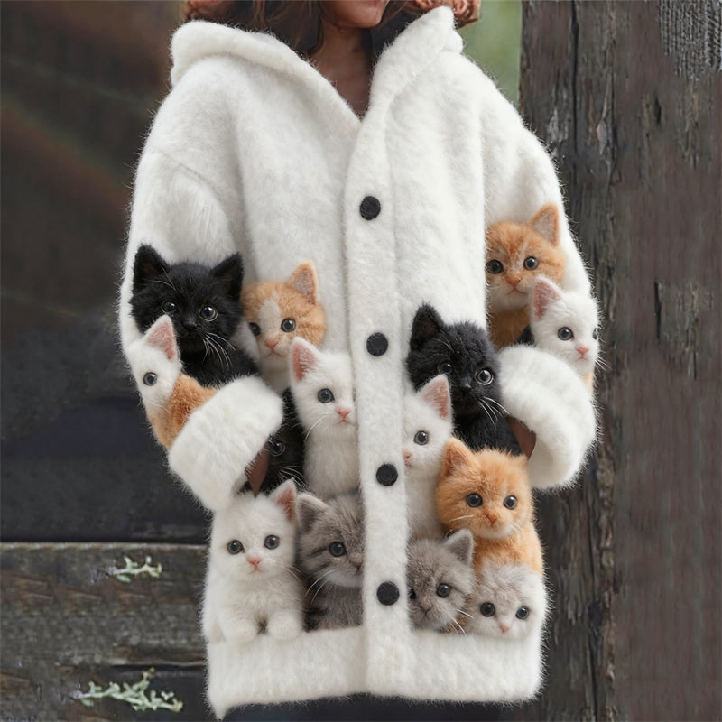 Lovely Fuzzy Cats Cozy Knit Hooded Cardigan elevenforest