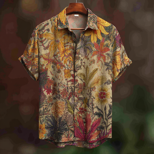 Bohemian Style Plant And Flower Pattern Men's Retro Cotton And Linen Shirt elevenforest