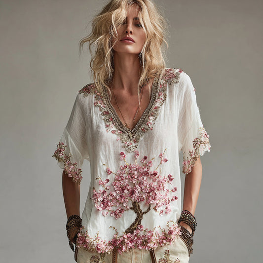 Bohemian Style Sakura Diamond Embroidery Vintage Short-sleeved Shirt elevenforest