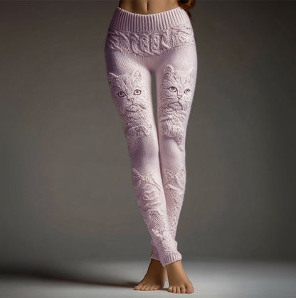 Cute Fuzzy Cat Embroidered Cozy Knit Leggings elevenforest