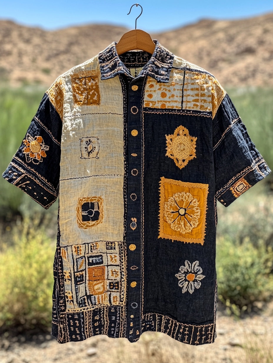 Men's Retro Stitching Contrast Totem Linen Shirt elevenforest