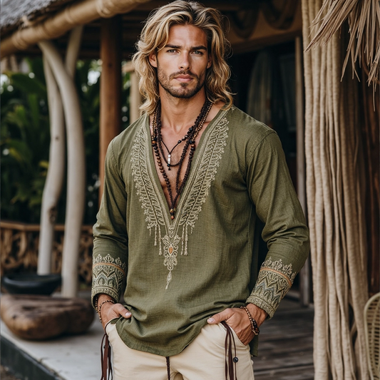 Men's Retro Bohemian Linen Printed Casual Long Sleeve Tops elevenforest