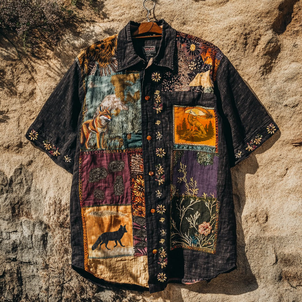Men's Retro Fox Patchwork Contrast Color Support Our National Parks Art Linen Casual Shirt elevenforest