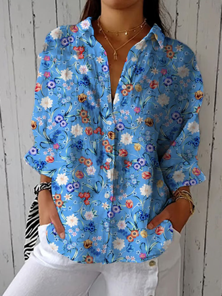 Women's Casual Cotton And Linen Vintage Floral Shirt elevenforest