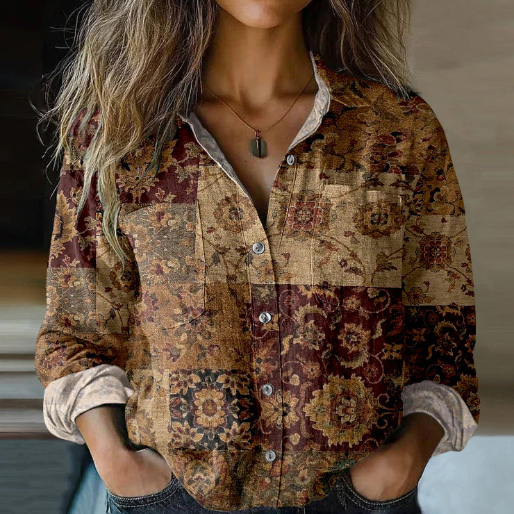 Bohemian Style Ethnic Floral Patchwork Linen Print  Long Sleeve Shirt elevenforest