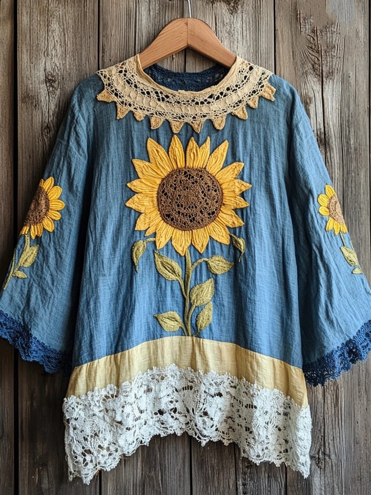 Women's Boho Sunflowers Embroidered Lace Patchwork Linen Shirt elevenforest