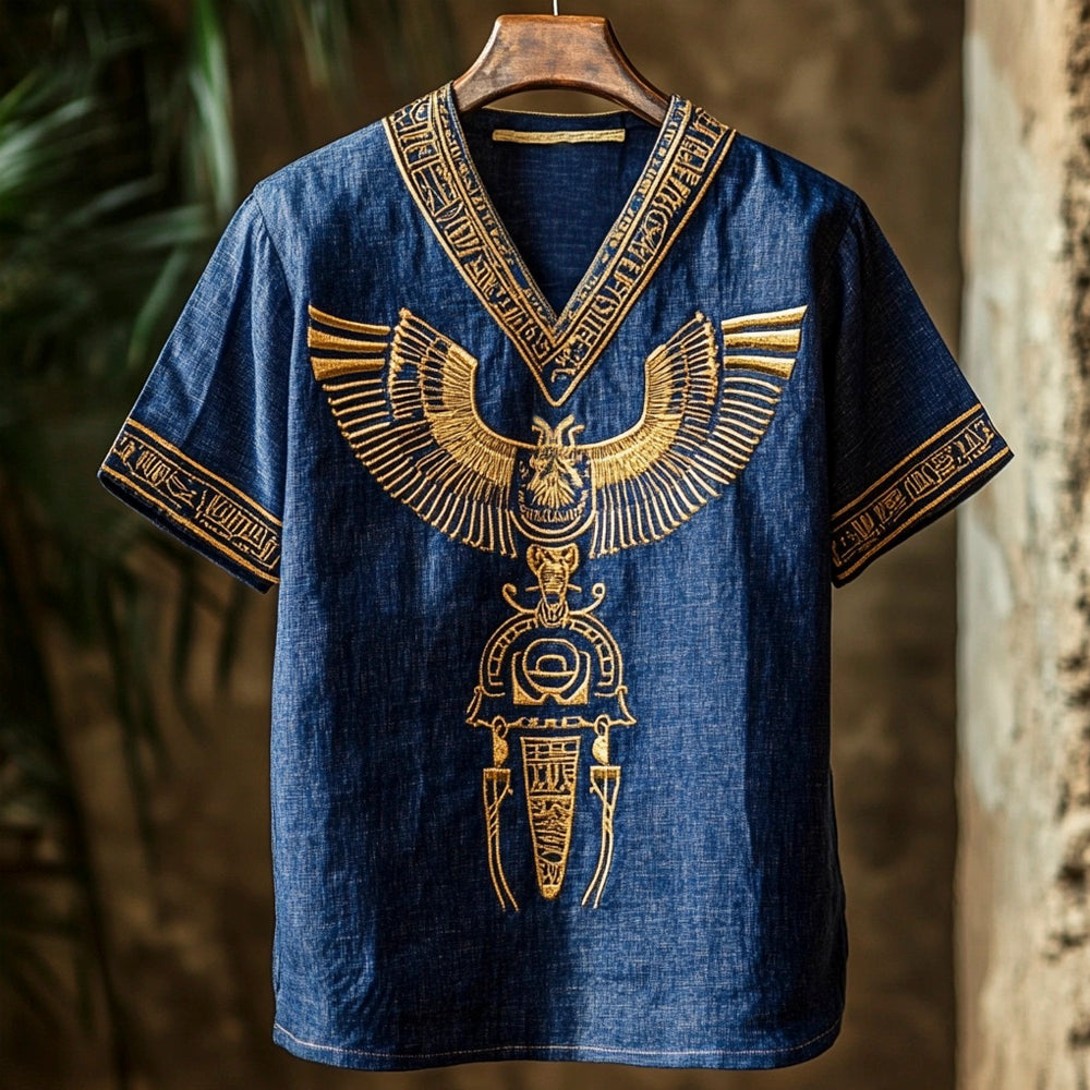 Egyptian Mystery Totem Men's Linen V-neck T-shirt elevenforest