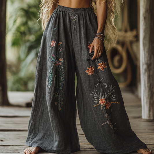 Vintage Bohemian Resort Floral Art Printed Cotton Linen Wide Leg Pants elevenforest