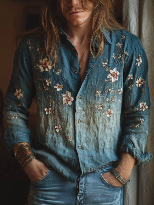 Japanese Style Dahlia Gradient Pattern Men's Linen Long-sleeved Shirt elevenforest