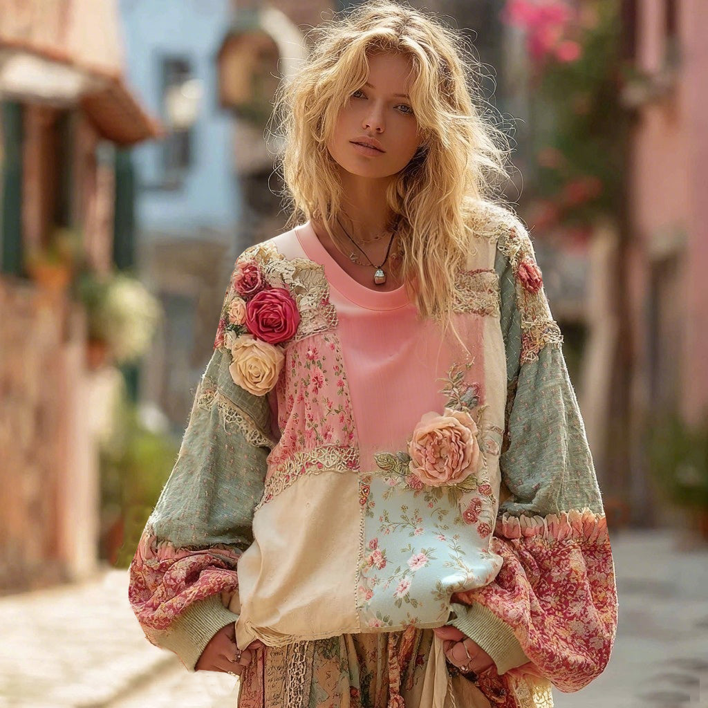 Women's Vintage Rose Floral Patchwork Crew Neck Casual Sweatshirt elevenforest