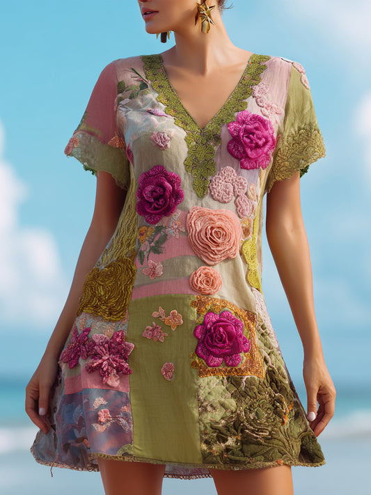 Vintage Pink Roses Embroidered V Neck Linen Mini Dress elevenforest