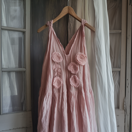 Vintage Elegant Fashion Rose Pattern Linen Vest Dress elevenforest