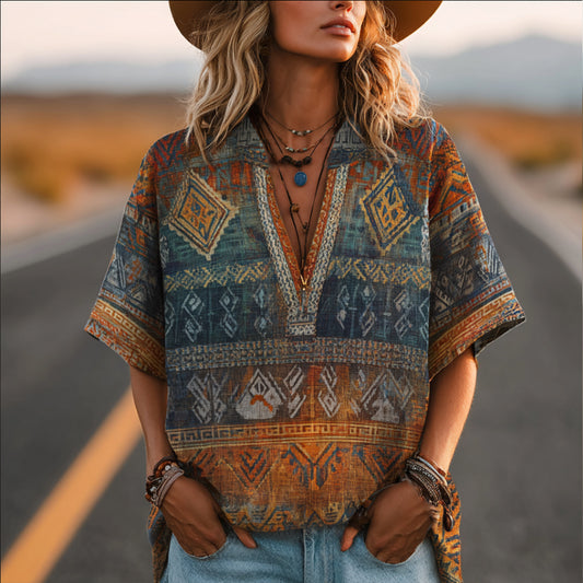 Bohemian Western Style Navajo Totem Geometric Pattern V-neck Short-sleeved Shirt elevenforest