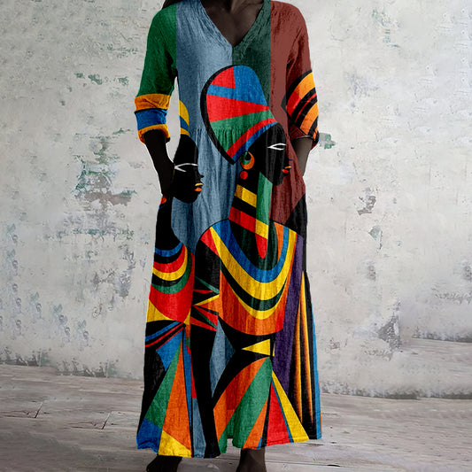 Comstylish African Women Art Pattern Linen Maxi Dress