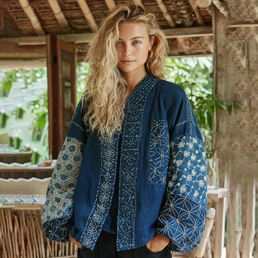 Vintage Bohemian Japanese Traditional Sashiko Art Embroidery Print Cotton And Linen Blend Kimono Cardigan elevenforest