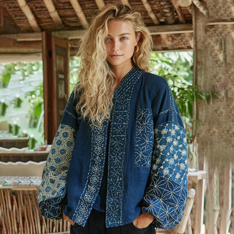 Comstylish Vintage Bohemian Japanese Traditional Sashiko Art Embroidery Print Cotton And Linen Blend Kimono Cardigan
