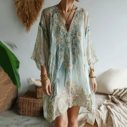 Vintage Marble Texture Collection Retro Bohemia Women Style Gradient Gilded Pattern Linen Dress elevenforest