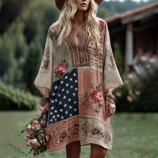 Western Cowboy Style Floral And Star Embroidered Patchwork Embroidered Art Casual Long Sleeve Dress elevenforest