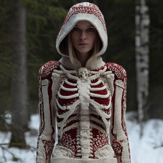 Vintage Skeleton Halloween Inspired Cozy Knit Hooded Sweater artswardrobe