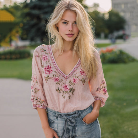Women's Vintage Pink Floral Embroidery V-neck T-shirt elevenforest