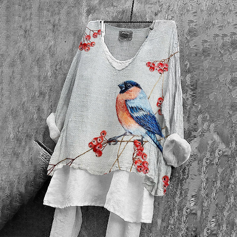 Vintage Birds And Floral Embroidery Art Linen Blend Blouse artswardrobe