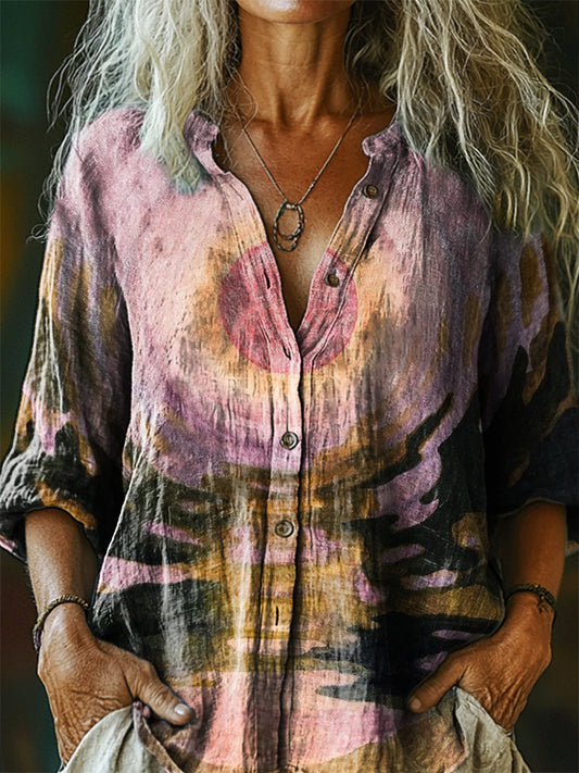 Women's Vintage Sunrise Art Print Casual Cotton Linen Shirt