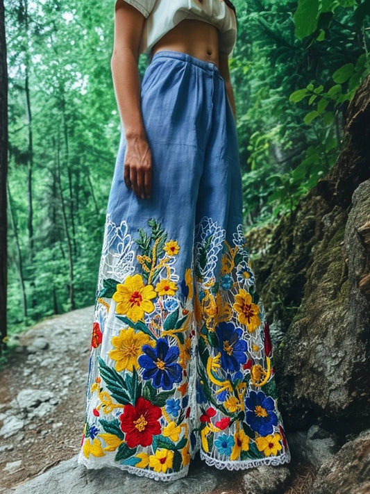 Vintage Floral Lace Embroidered Gradient Linen Pants elevenforest