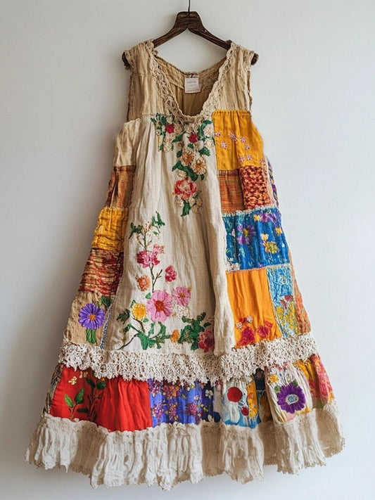 Floral Embroidered Lace Patchwork Linen Blend Dress elevenforest