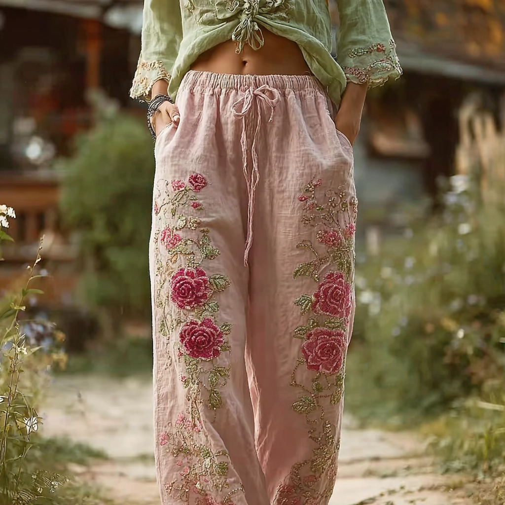 Bohemian Style Retro Pink Rose Casual Cotton And Linen Long Pants elevenforest