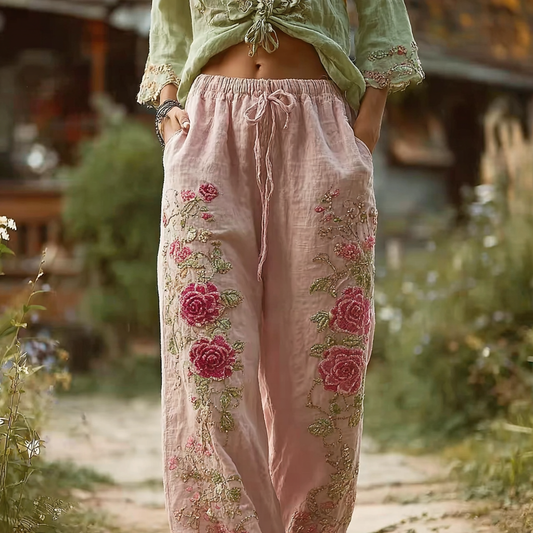 Bohemian Style Retro Pink Rose Casual Cotton And Linen Long Pants elevenforest