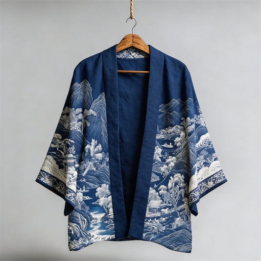 Japanese Mountains Landscape Lino Art Linen Kimono elevenforest