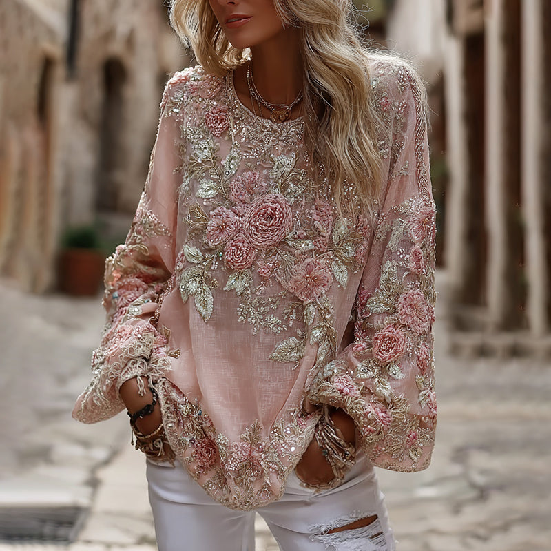 Women's Vintage Pink Rose Embroidered Art Round Neck Long Sleeve Blouse elevenforest