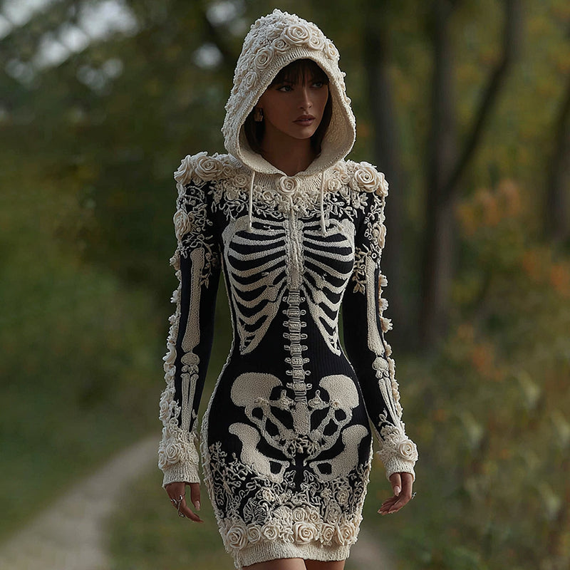 Women's Vintage Halloween Skeleton Bones With Rose Art Cozy Knit Hooded Sweater Dress elevenforest