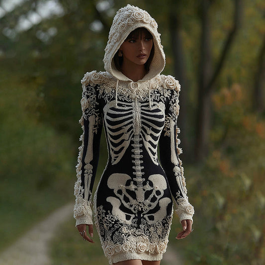 Women's Vintage Halloween Skeleton Bones With Rose Art Cozy Knit Hooded Sweater Dress elevenforest