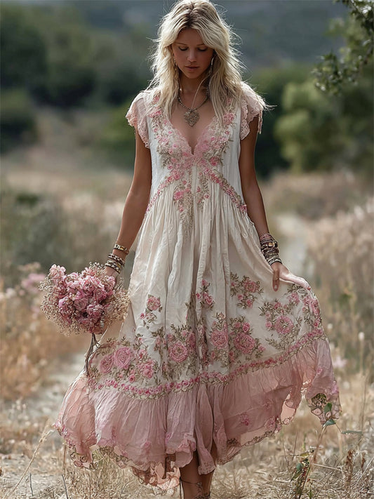 Boho Pink Floral Embroidered Lace Trim Flowy Linen Maxi Dress elevenforest