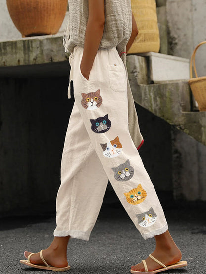 Cute Cats Animal Embroidery Pattern Linen Pants elevenforest