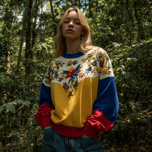 Retro Venezuela Inspired Ethnic Floral Color Blocking Cozy Crew Neck Sweatshirt elevenforest