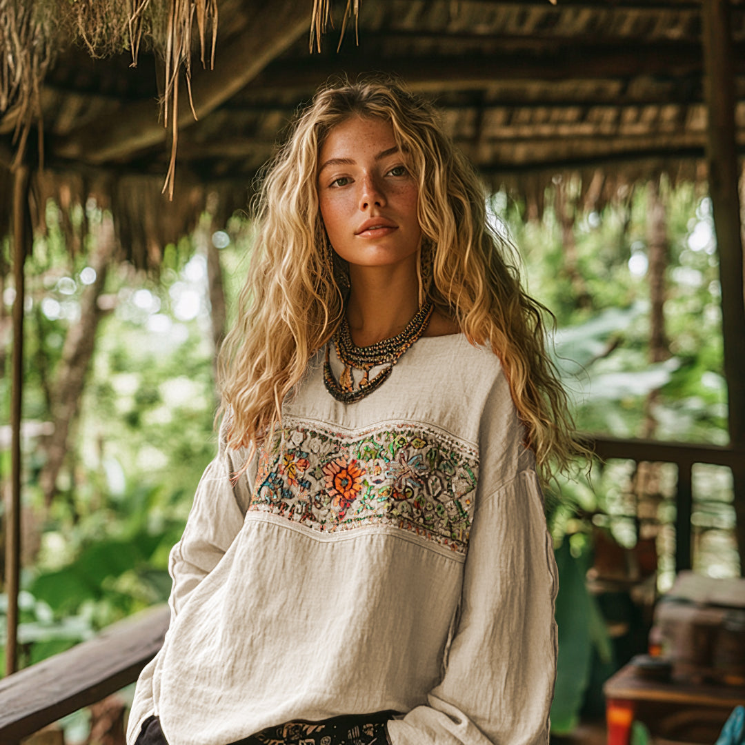 Retro Bohemian Art Embroidery Print Cotton And Linen Blend Loose Blouse artswardrobe