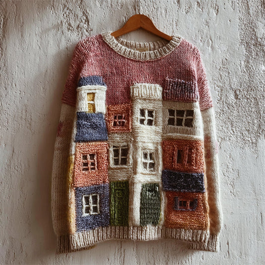 Vintage Cottagecore Buildings Colorblock Crochet Cozy Knit Sweater
