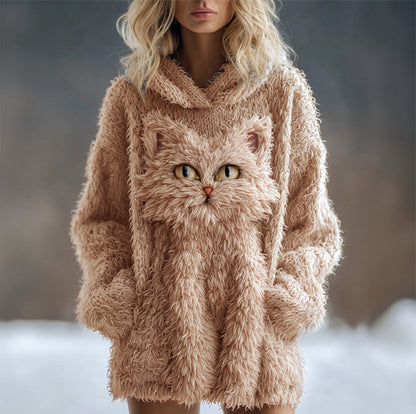 Cute Fuzzy Cat Embroidered Soft Hooded Sweater elevenforest