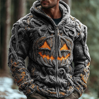 Halloween Pumpkin Emoji Men's Chunky Knit Full Zip Hooded Sweater elevenforest