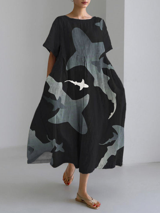 Comstylish Shark Pattern Women's Linen Maxi Dress