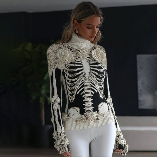 Comstylish Women's Skeleton Flower Art Cozy Turtleneck Sweater