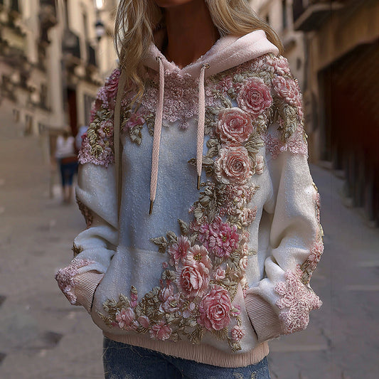 Women's Vintage Pink Floral Embroidery Art Comfy Hoodie elevenforest