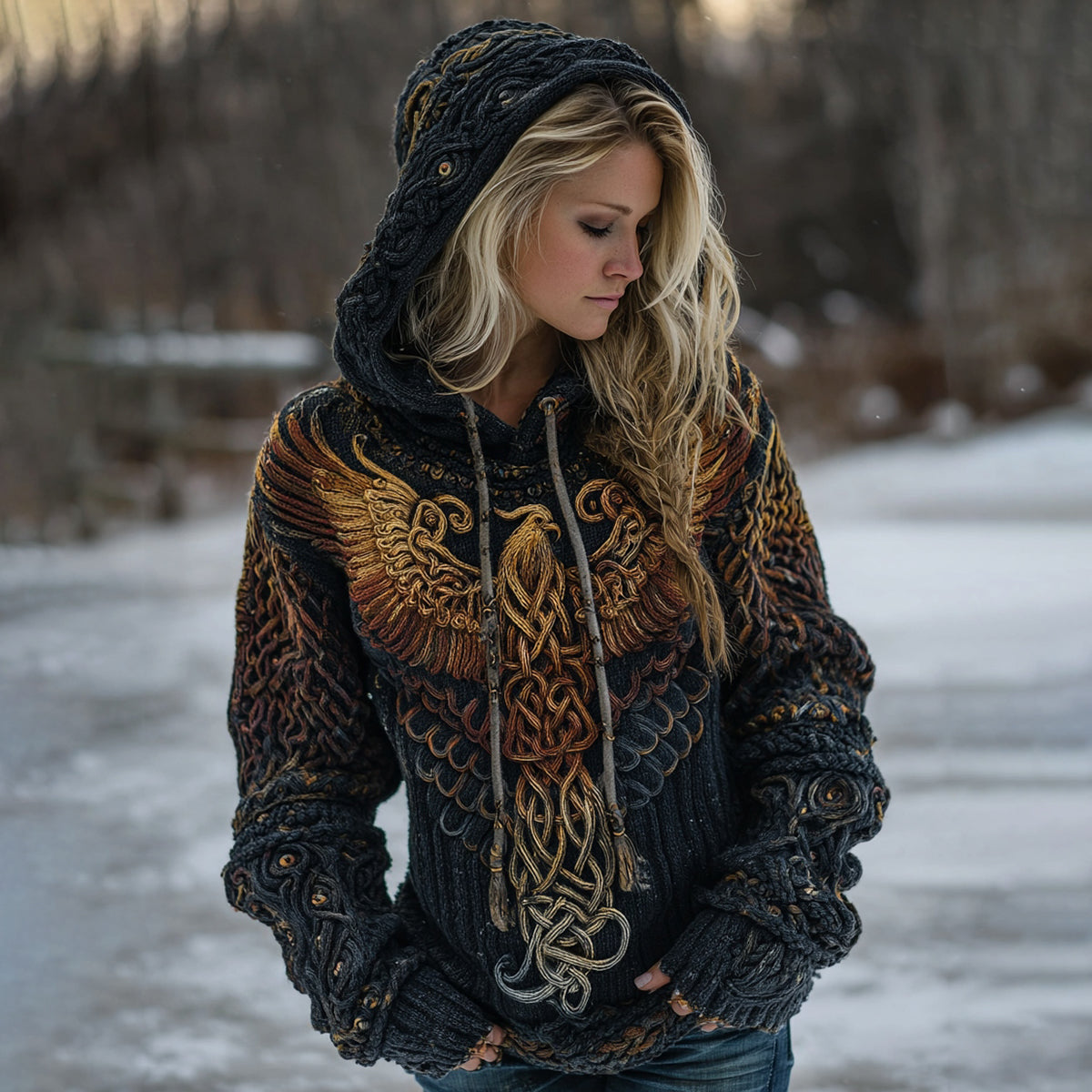 Women's Celtic Knot Myth Phoenix Embroidered Ombre Hooded Sweater artswardrobe