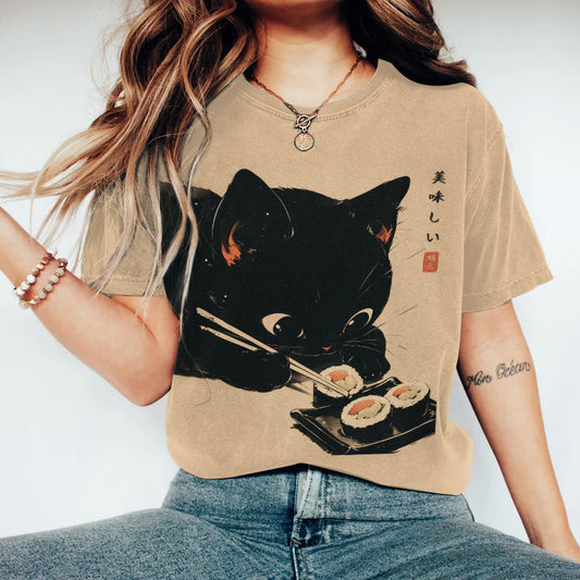 Japanese Art Eating Sushi Cat Print Casual T-Shirt elevenforest